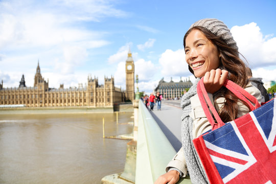 London Woman Holding Shopping Bag Near Big Ben