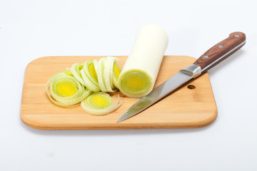 Sliced Leeks on woden table