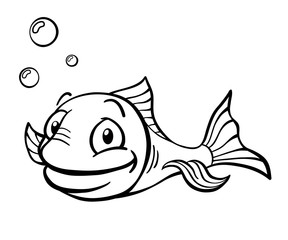 Happy black and white cartoon fish with air bubbles.