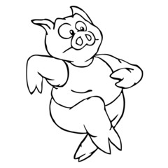 Black and white running cartoon pig wearing a shirt.