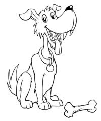 Black and white cartoon dog with a bone.