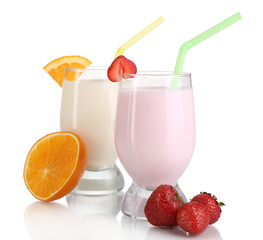 Delicious milk shakes with orange and strawberries isolated