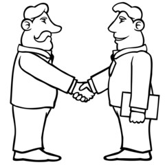 Black and white business men shaking hands in agreement.