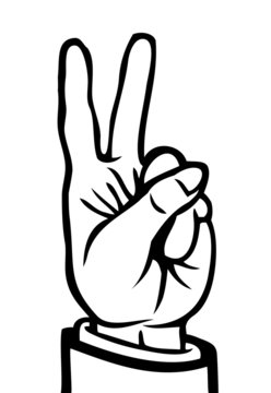 Black and white hand showing the peace sign.