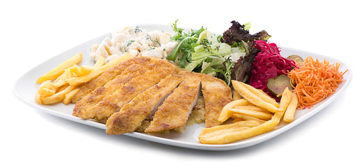 Chicken schnitzel with salad and pasta on the side isolated