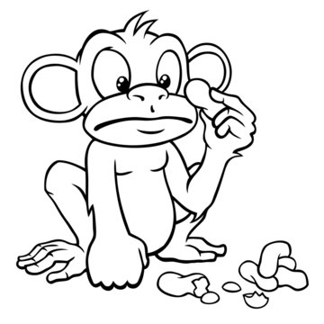 Black and white cartoon monkey looking at some peanuts.