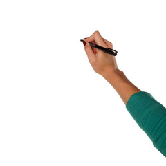 female hand holds a pen and write in the blank