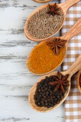 Various spices and herbs on table close up
