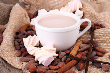 Cocoa drink and cocoa beans on sackcloth  background