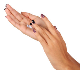 Beautiful hands with hand cream close-up isolated on white