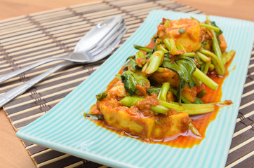 Fried Tofu with chinese kale in red curry saurce
