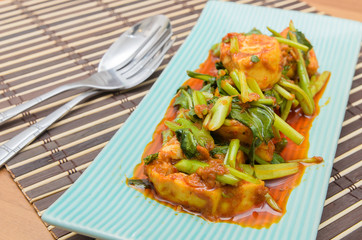 Fried Tofu with chinese kale in red curry saurce