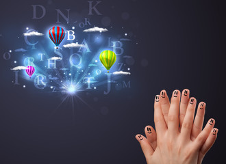 Happy smiley fingers looking at hot air balloons in the cloudy s