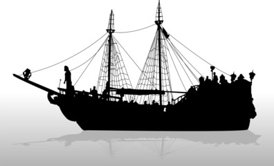 vector silhouette of the sailing ship with the lowered sails