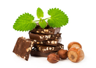chocolate with hazelnuts and fresh mint leaves