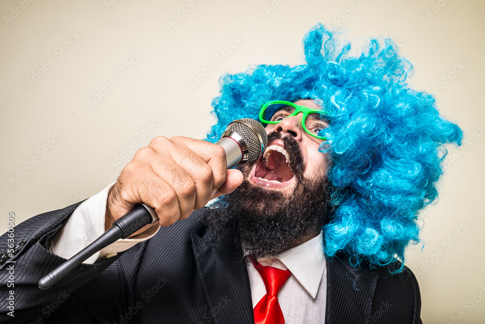 Wall mural crazy funny bearded man with blue wig - Wall murals