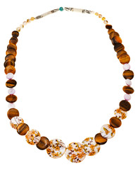 necklace from nacre, tigers eye, carved bone