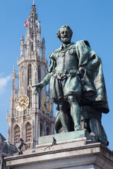 Fototapeta na wymiar Antwerp - Statue of painter P. P. Rubens and cathedral