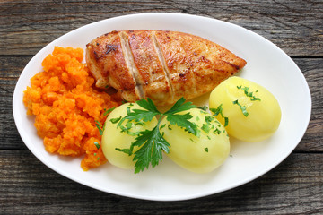 Fried chicken breast with potatoes and carrots