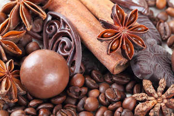 Fototapeta na wymiar Anise, cinnamon, chocolate and coffee beans