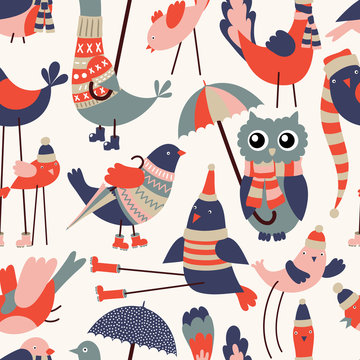 Fototapeta Vector seamless pattern with cute cartoon birds