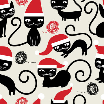 Fototapeta Christmas cats seamless pattern. Cute funny seamless pattern wit