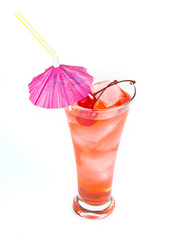 Red lemonade with party straw on white