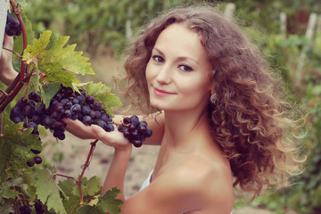 Young woman picking grapes  