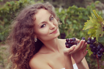 Young woman picking grapes  