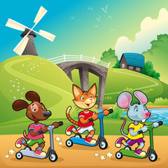 Pets are going for a ride in the countryside.