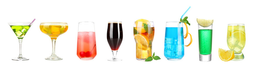 Lot of different cocktails and drinks isolated on white