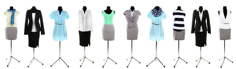 Collage of office clothes on mannequin  isolated on white