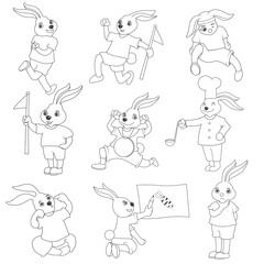 Set of cartoon rabbit lines. In physical activities. On a white