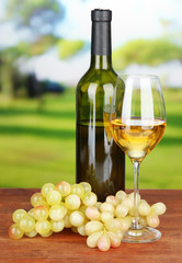 Fototapeta na wymiar Ripe grapes, bottle and glass of wine, on bright background