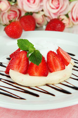 Tasty meringue cake with berries, close up