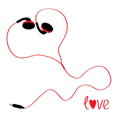 Black and red earphones in shape of heart.  White background.