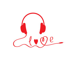  Red headphones.  White background.  Love card
