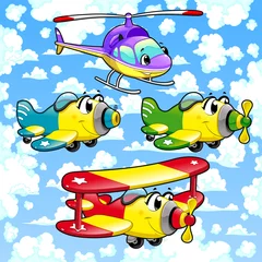 Fotobehang Cartoon airplanes and helicopter in the sky. © ddraw