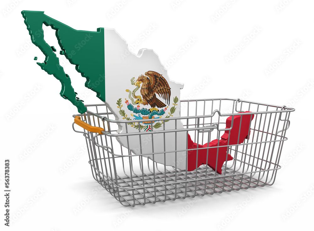 Sticker shopping basket and mexican map (clipping path included)