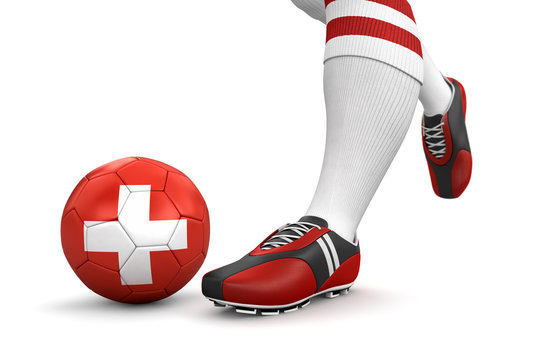 Man and soccer ball  with Swiss flag (clipping path included)