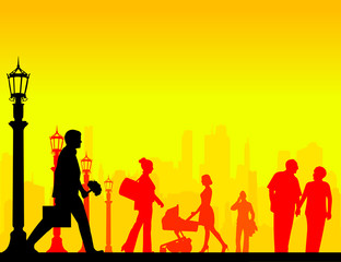 Fototapeta premium People in the street in different situation silhouette layered