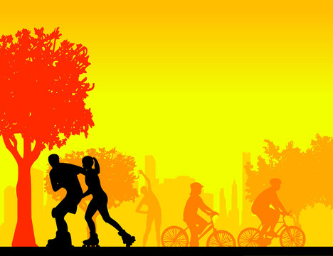People in park in different sports activities silhouette layered