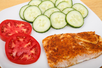 Broiled Salmon with Sliced Tomatoes and Cucumbers