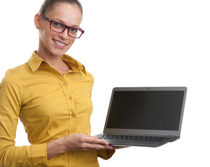 businesswoman showing a laptop with blank screen