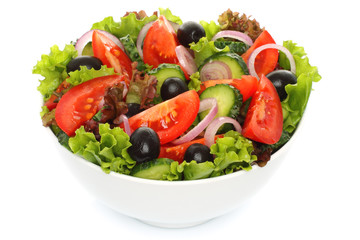 Salad of fresh vegetables on white background.