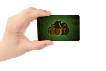 Hand with card and digital cloud, cloud computing concept.