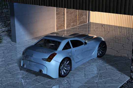 Sportwagen in beleuchteter Garageneinfahrt