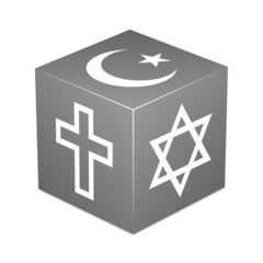 Grey cube with religious symbols - Christianity, Islam, Judaism