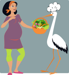 Stork bringing a basket of vegetables to a pregnant woman