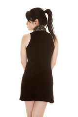 woman black dress scarf back look side
